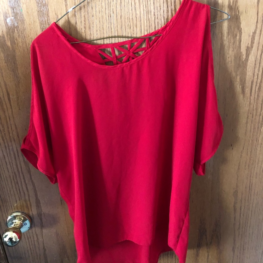 Red shoulder cut shirt